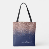 Rosa Rose Gold Navy Blue Glitzer Monogram Tasche (Rückseite)
