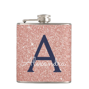 Rosa Rose Gold Navy Blue Glitzer Sparkgram Monogra Flachmann
