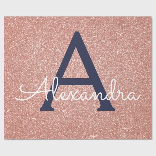 Rosa Rose Gold Navy Blue Glitzer Sparkgram Monogra Geschenkpapier (Flach)