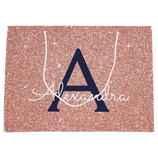 Rosa Rose Gold Navy Blue Glitzer Sparkgram Monogra Große Geschenktüte (Vorderseite)