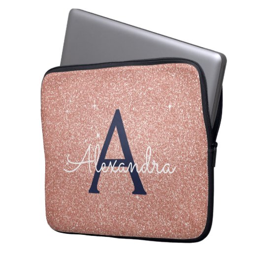 Rosa Rose Gold Navy Blue Glitzer Sparkgram Monogra Laptopschutzhülle (Vorderseite Links)