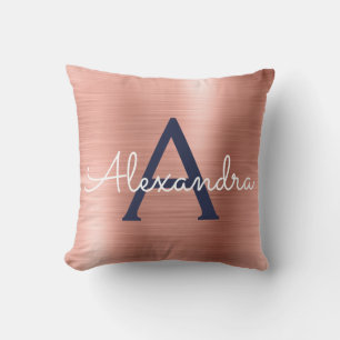 Rosa Rose Gold Navy Blue Monogram Name Kissen