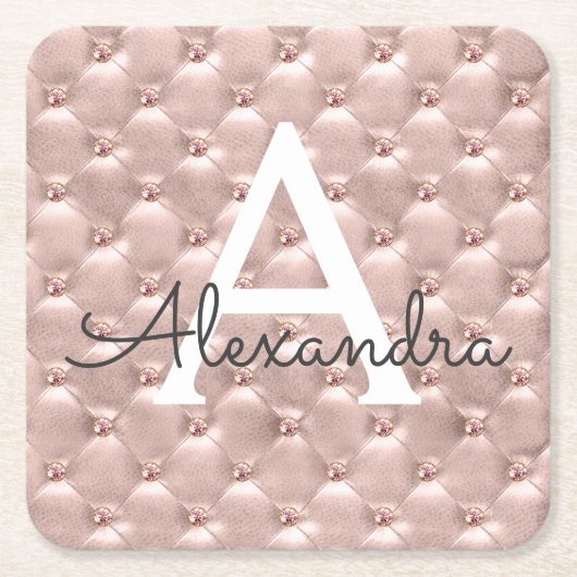 Rosa Rose Gold Niedliche Vintage Monogramm Geburts Rechteckiger Pappuntersetzer (Vorderseite)