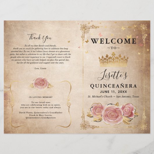 Rosa Rose Gold Parchment Quinceanera Programm (Vorderseite)