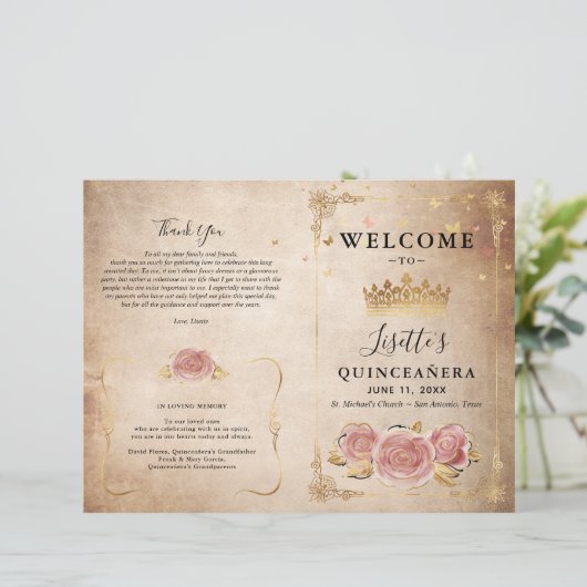 Rosa Rose Gold Parchment Quinceanera Programm (Stehend Vorderseite)