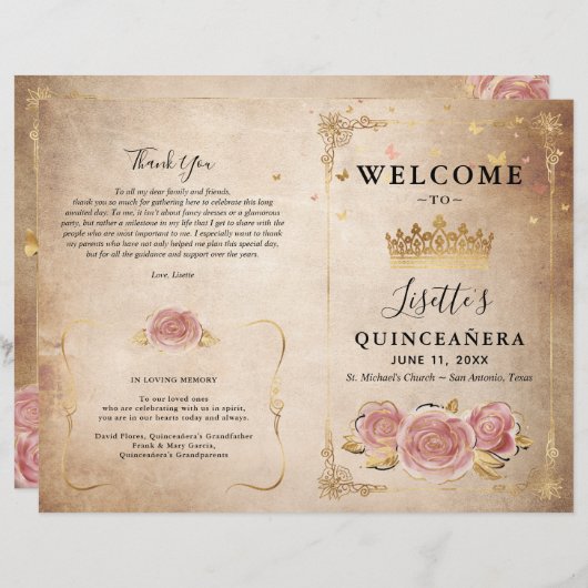 Rosa Rose Gold Parchment Quinceanera Programm (Vorne/Hinten)