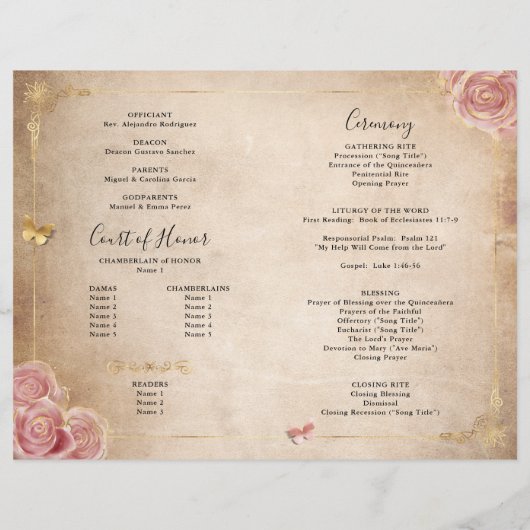 Rosa Rose Gold Parchment Quinceanera Programm (Rückseite)