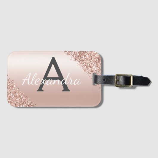 Rosa Rose Gold Pinsel Metal Script Monogram Niedli Gepäckanhänger (Vorderseite (Horizontal))