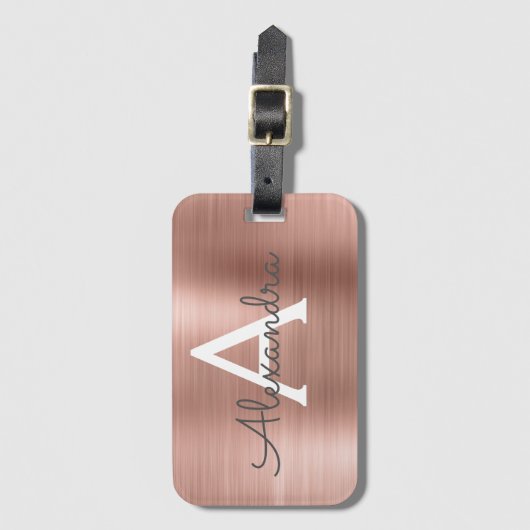 Rosa Rose Gold Pinsel Metal Script Monogram Niedli Gepäckanhänger (Vorderseite Vertikal)