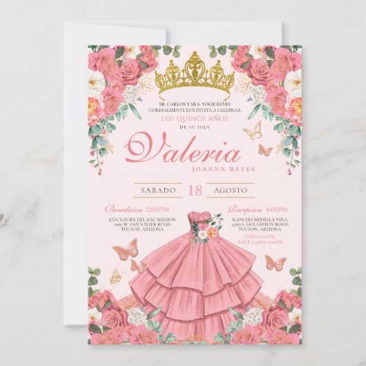 Rosa Rose Gold Princess Butterfly Quinceanera Einladung (Vorderseite)