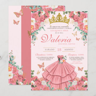 Rosa Rose Gold Princess Butterfly Quinceanera Einladung