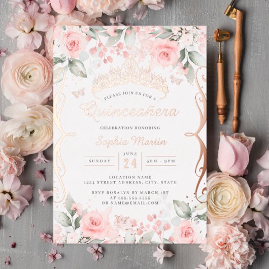 Rosa Rose Gold Quinceanera Folieneinladung