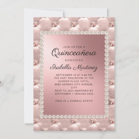 Rosa Rose Gold Quinceñera Foto Perlen Einladung (Vorderseite)
