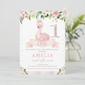 Rosa Rose Gold Schwan 1. Geburtstag Einladung (Stehend Vorderseite)