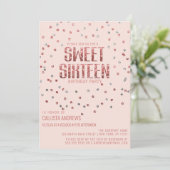 Rosa Rose Gold Silber Glitzer Confetti Sweet 16 Einladung (Stehend Vorderseite)