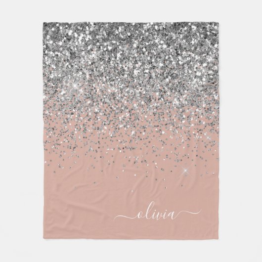 Rosa Rose Gold Silber Glitzer Monogram Fleecedecke (Vorderseite)