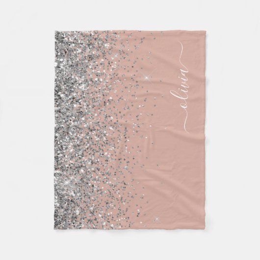 Rosa Rose Gold Silber Glitzer Monogram Fleecedecke (Vorderseite)