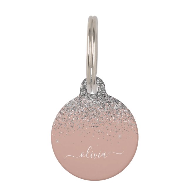Rosa Rose Gold Silber Glitzer Monogram Haustiermarke (Vorderseite)