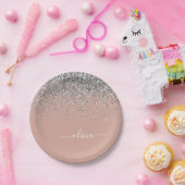 Rosa Rose Gold Silber Glitzer Monogram Pappteller (Party)
