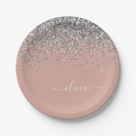 Rosa Rose Gold Silber Glitzer Monogram Pappteller (Vorderseite)