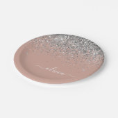 Rosa Rose Gold Silber Glitzer Monogram Pappteller (Schrägansicht)