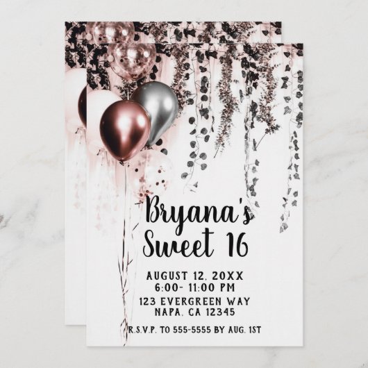 Rosa Rose Gold Silberballons Rustikale Ivy Sweet 1 Einladung (Vorne/Hinten)