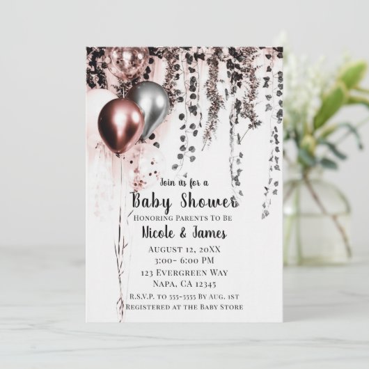 Rosa Rose Gold Silver Balloons & Ivy Baby Dusche Einladung (Stehend Vorderseite)