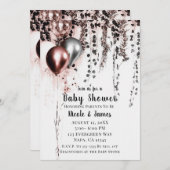 Rosa Rose Gold Silver Balloons & Ivy Baby Dusche Einladung (Vorne/Hinten)
