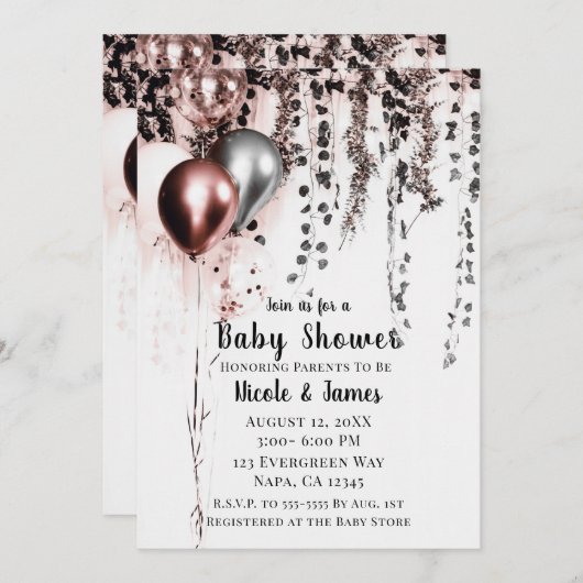 Rosa Rose Gold Silver Balloons & Ivy Baby Dusche Einladung (Vorne/Hinten)