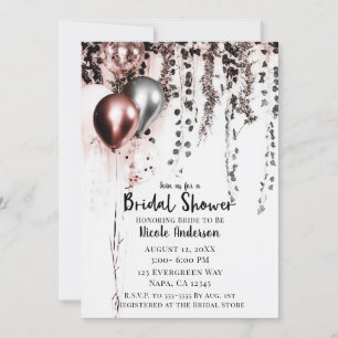 Rosa Rose Gold Silver Balloons Rustikal Ivy Bridal Einladung