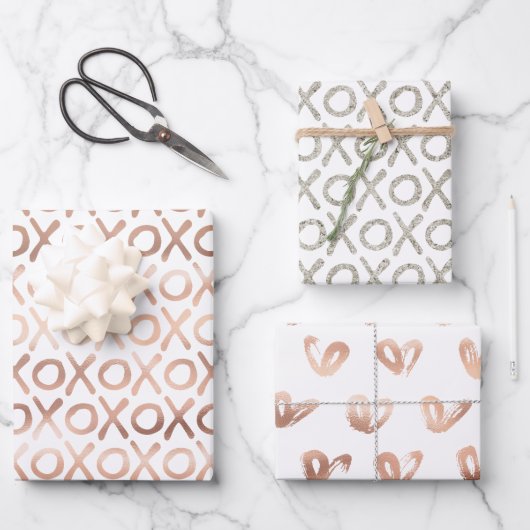 Rosa Rose Gold Silver XOXO Geschenkpapier Set (Vorderseite)