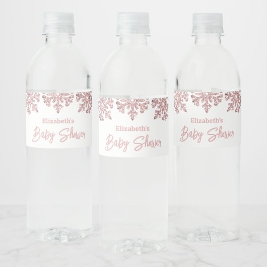 Rosa Rose Gold Snowflake Winter Baby Dusche Wasserflaschenetikett (Flaschen)