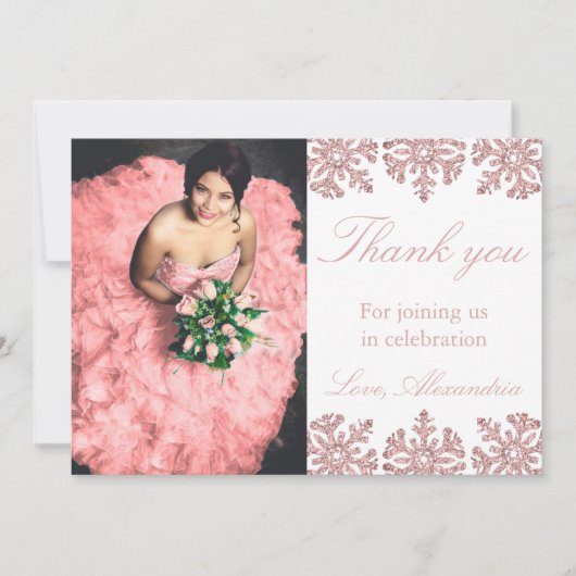 Rosa Rose Gold Snowflake Winter Sweet 16 Dankeskarte (Vorderseite)