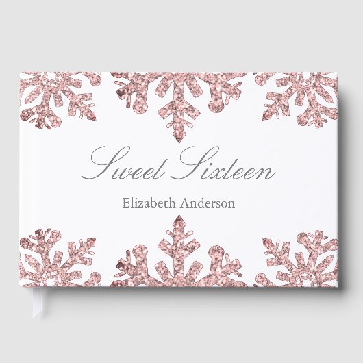 Rosa Rose Gold Snowflake Winter Sweet 16 Gästebuch (Vorderseite)