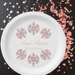 Rosa Rose Gold Snowflake Winter Sweet 16 Pappteller
