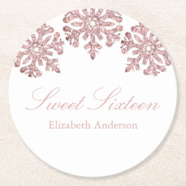 Rosa Rose Gold Snowflake Winter Sweet 16 Runder Pappuntersetzer