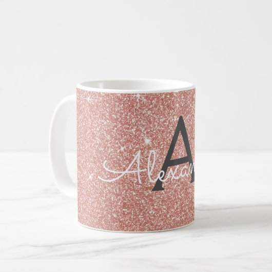 Rosa - Rose Gold Sparkle Glitzer Monogram Name Kaffeetasse (Vorderseite Links)