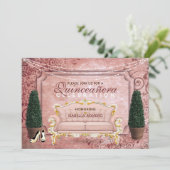 Rosa Rose Gold Topiary Garden Quinceañera Einladung (Stehend Vorderseite)