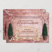 Rosa Rose Gold Topiary Garden Quinceañera Einladung (Vorne/Hinten)