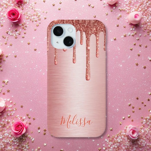 Rosa Rose Gold Tropfen auf Metallname funkeln Case-Mate iPhone Hülle