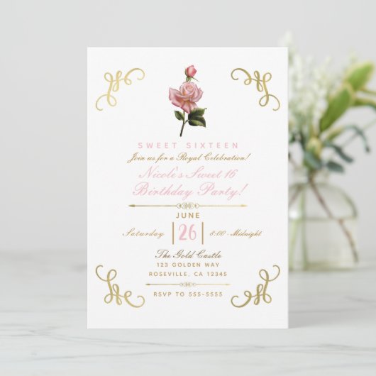 Rosa Rose & Goldene Ecken Sweet 16 Party Einladung (Stehend Vorderseite)