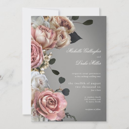 Rosa Rose Grau Hochzeit Einladung (Vorderseite)