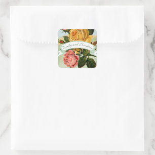 Rosa Rose Grün und Gelb Blumenzwiebeln Hochzeitszi Quadratischer Aufkleber