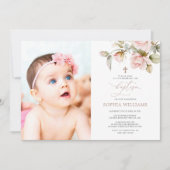 Rosa Rose & Grüne Foto Taufe Einladung (Vorderseite)