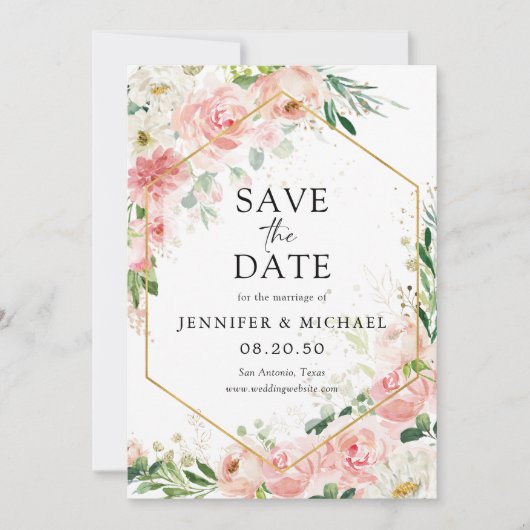 Rosa Rose Hexagon mit rosa Rose speichern Sie die  Save The Date (Vorderseite)