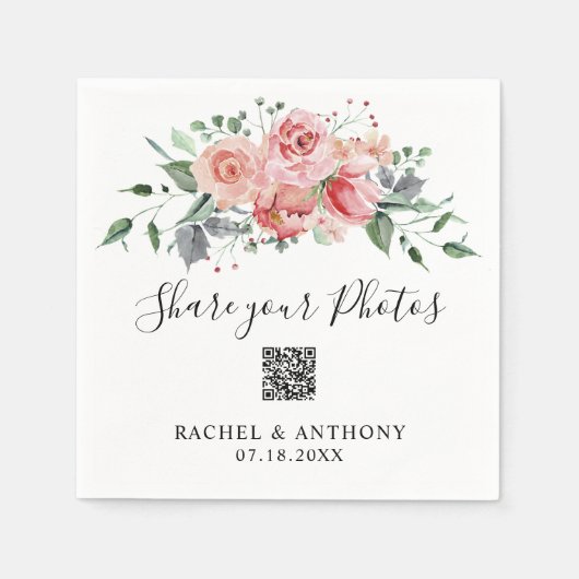 Rosa Rose Hochzeit QR Code Share Fotos Serviette (Vorderseite)