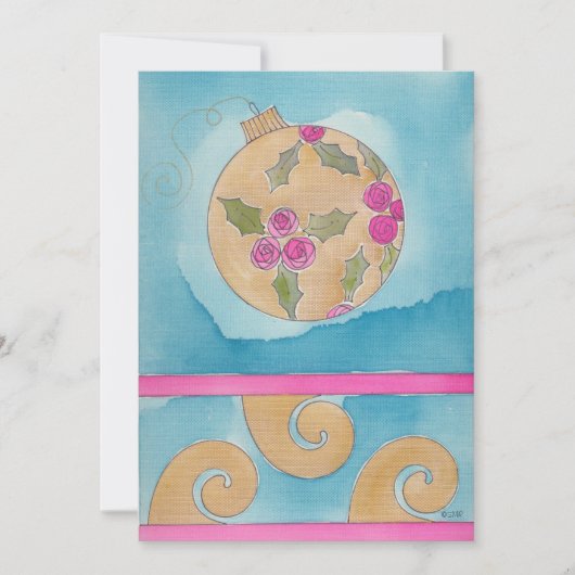 Rosa Rose & Holly Ornament - Weihnachtskarte Ankündigung (Vorderseite)