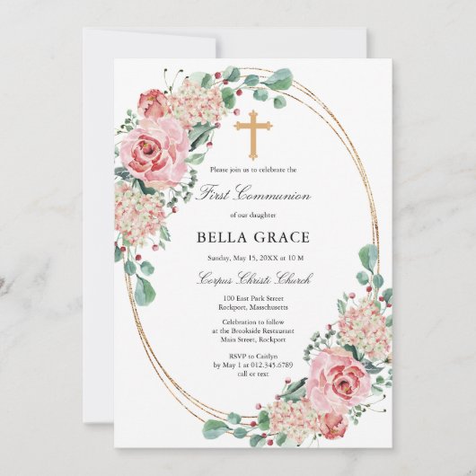 Rosa Rose Hydrangea Erste Heilige Kommune Einladung (Vorderseite)