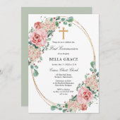 Rosa Rose Hydrangea Erste Heilige Kommune Einladung (Vorne/Hinten)