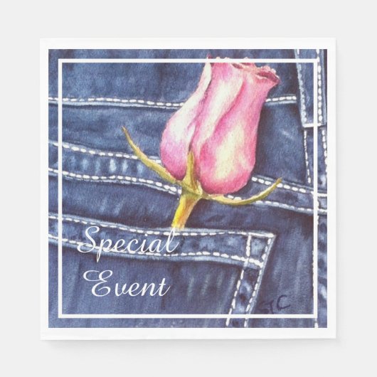 Rosa Rose im Denim Pocket Party Serviette (Vorderseite)